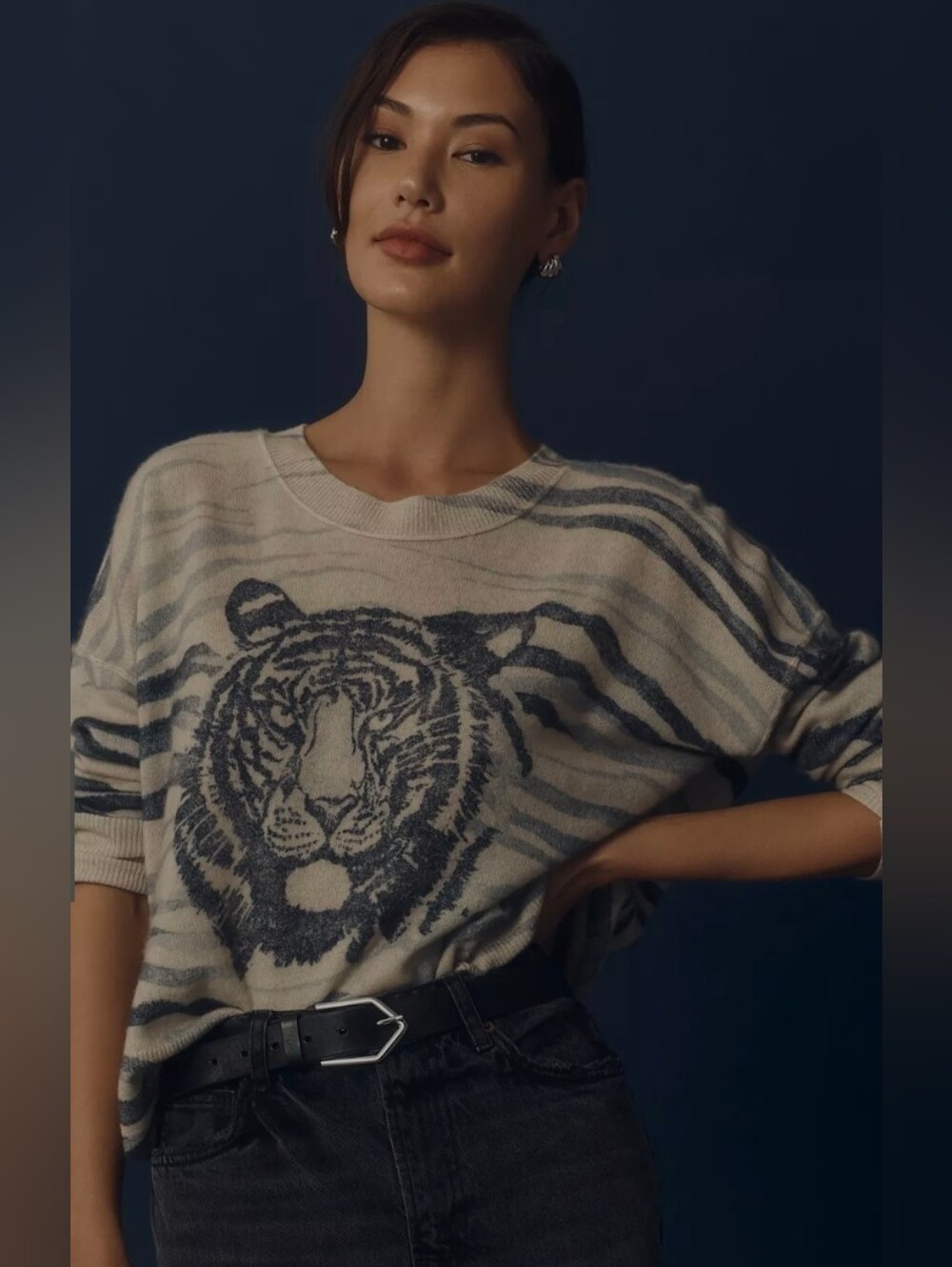 Pilcro Anthropologie 100% Cashmere Tiger Zebra Animal Print Crewneck Sweater XL